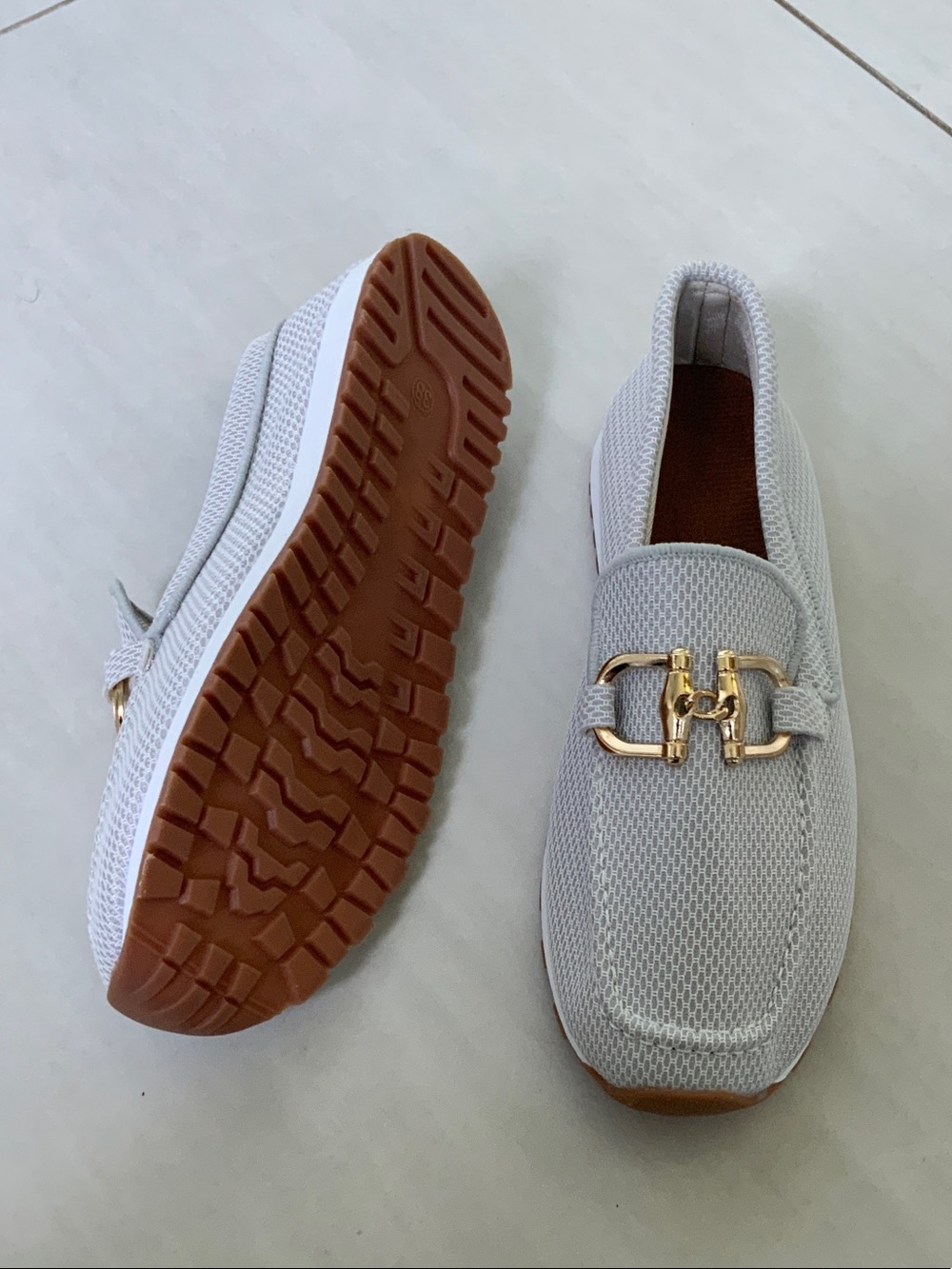 Light Gray Slip-On Loafer with Gold Hardware - Women's Casual Shoe